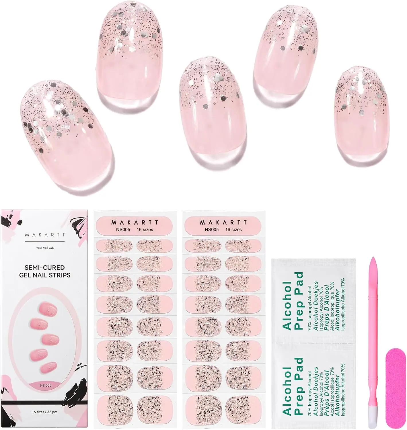 Makartt Semi Cured Gel Nail Strips Kit 2 Packs – Real Gel, HEMA & TPO Free, 16 Sizes Anti-Lift Fit, UV Light Required, Salon Quality, Long Lasting, Includes Dual-Ended Tool & Prep Kit