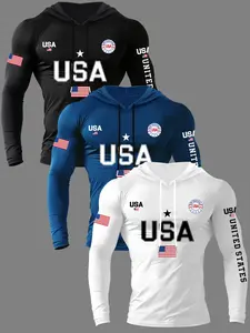 Men's Usa Graphic Print Hooded Long Sleeve T-Shirt Activewear, Spring & Fall Outdoor Casual Fitted Top, 3-Pack Set, H-Type Silhouette