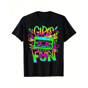 Retro 80S Neon Graphic T-Shirt for Women - Vintage Party Tee Featuring a Cassette Tape And Cube Design, with The Slogan 'Just Wanna Have Fun'.Soft Black Short-Sleeve Round Neck Top Perfect for 80S Themed Outfits