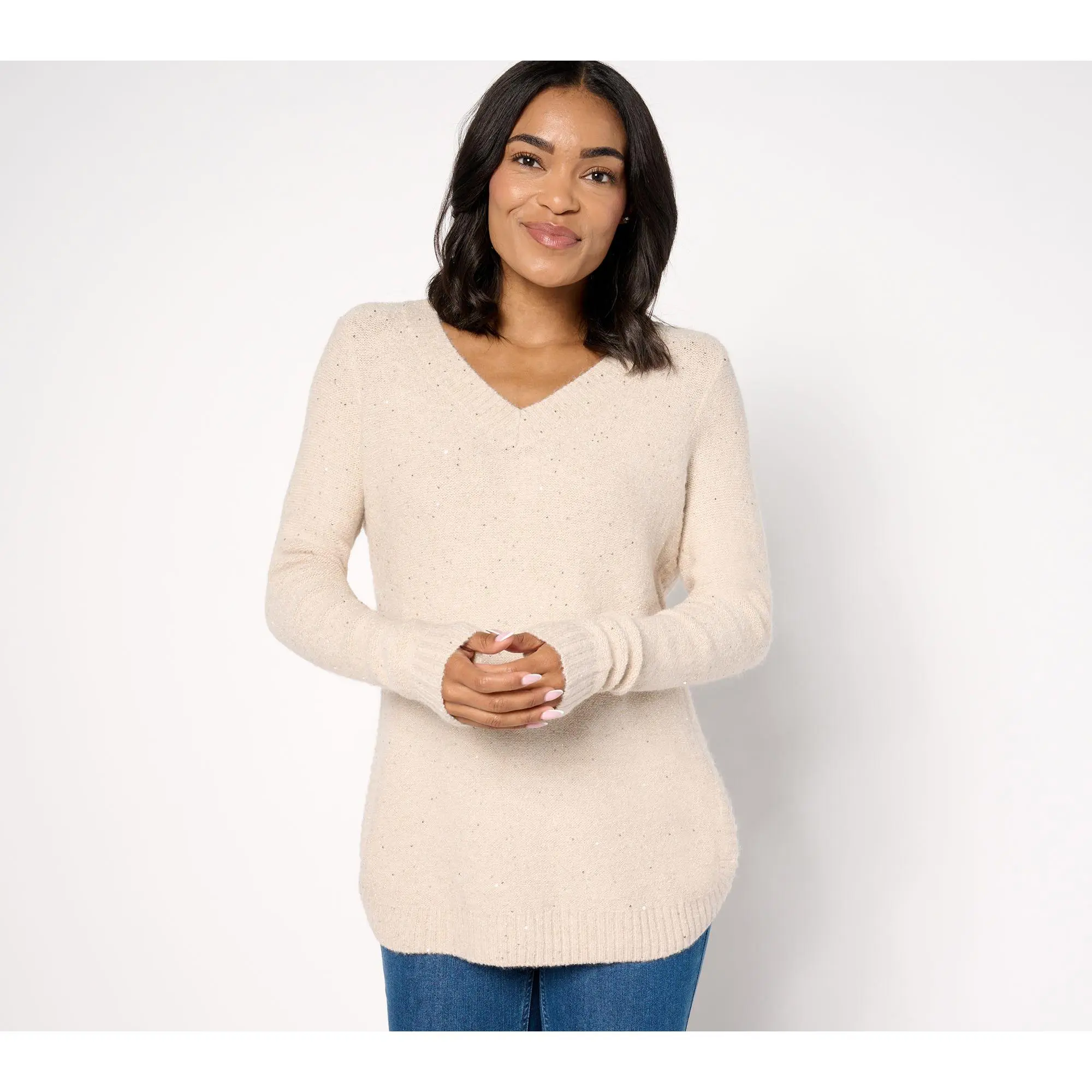 Denim & Co. V-Neck Long Sleeve Sparkle Sweater