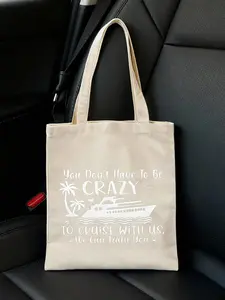 Exquisite Printed White HandbagStylish White Cotton Canvas Tote Bag - Featuring "CRAZY" Graphic with Palm Tree and Yacht Design, Durable and Eco-Friendly Reusable Handbag for Shopping, Beach, and Everyday UseTravel Universal Makeup Storage Commutin