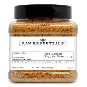 Raw Essentials Hot Lemon Pepper – Zesty Citrus & Fiery Heat Seasoning for Seafood, Chicken, Vegetables & Fries – 10 oz Bottle – Gluten Free & Vegan