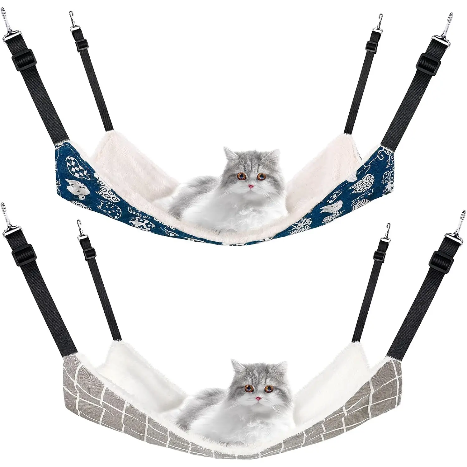 M Size 2-Pieces Space Saver Reversible Fleece Flax Pet Hammock Bed, Double-Sided All Seasons Design, Metal Hooks, Home Improvement Cage Hanging Accessory for Small Cats & Kittens