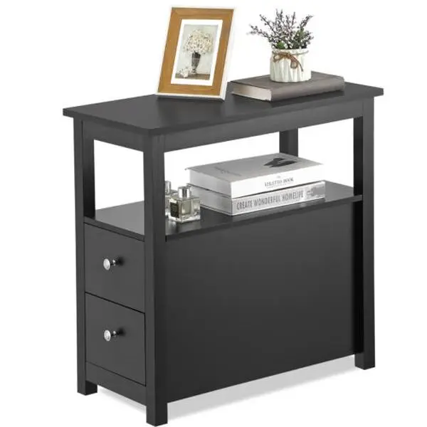 ZENSTYLE Narrow Contemporary 2-Tier Bedside Table Cabinet - 2-Drawer End Table with Open Shelf, Waterproof Dark Indoor Furniture for Bedroom, Living Room, Black, Contemporary Bedside Tables