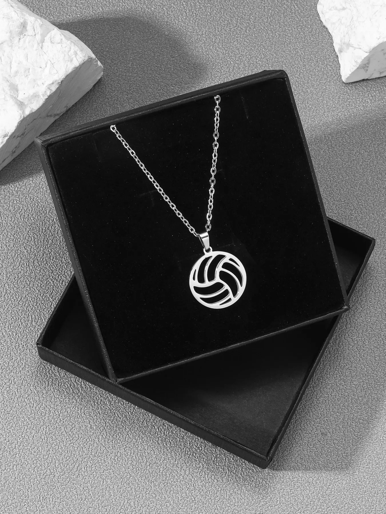 Sport Series Volleyball Necklace, Stainless Steel Round Pendant, Hollow Design, Lockbone Chain, Includes Gift Box, Fashion Jewelry