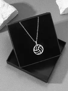 Sport Series Volleyball Necklace, Stainless Steel Round Pendant, Hollow Design, Lockbone Chain, Includes Gift Box, Fashion Jewelry