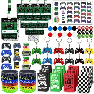 146 Pcs Video Game Party Favors: VIP Passes Keychains Tattoo Stickers Shoe Charms Button Caps Bags for Gaming Party Favors