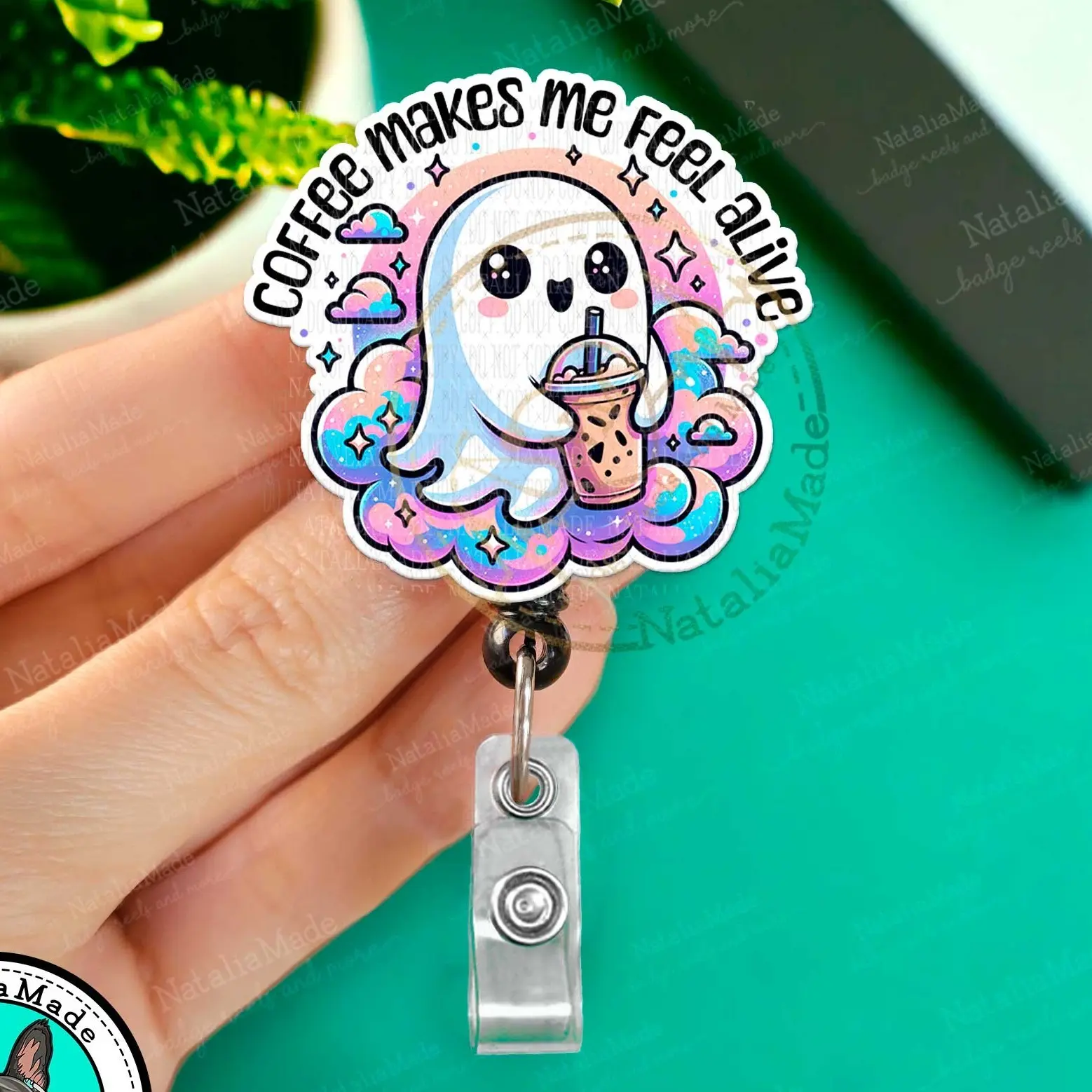 NataliaMade Funny Retractable Badge Reel- Coffee Makes Me Feel Alive Ghost ID Badge Holder for Nurses, Retail Workers, Teachers, Servers, Dark Humor Unhinged Name Badges for Healthcare Staff. Makes A Great Gift!