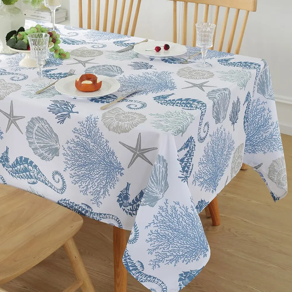 Summer Tablecloths Rectangle, Washable Reusable Nautical Table Cloth, Spill Proof Coastal Blue Fabric Decoration for Picnic Beach Party Outdoor