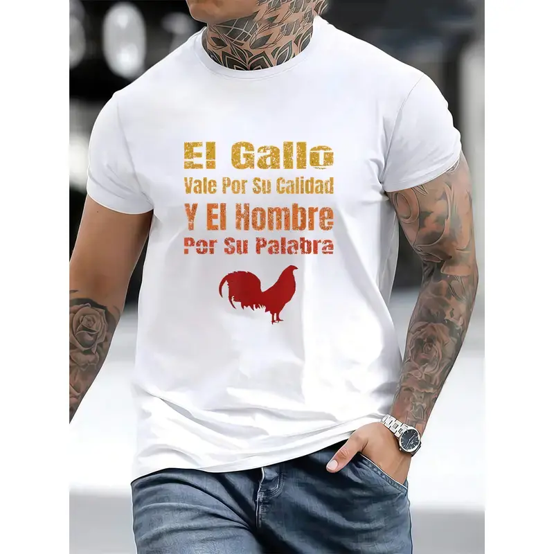 Men's Short-Sleeve Round-Neck Top - Spanish Style Graphic Tee with "The Rooster For Its Quality, Man For His Word" Proverb Print, Premium Soft Menswear Streetwear, Ideal Gift for Animal Enthusiasts