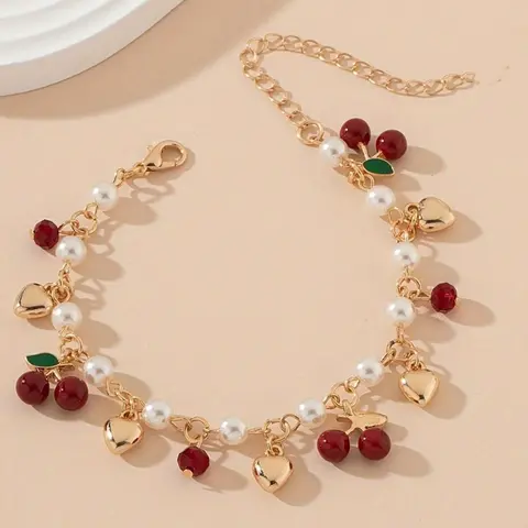 Mother's Day Gift Fashionable Cherry & Heart Design Beaded Bracelet, Fashion Jewelry for Party, Daily Clothing Decor, Trendy All-match & Exquisite Jewelry for Birthday Gift, Heart Shaped Bracelet, Heart Charm Bracelet, Heart Bracelets