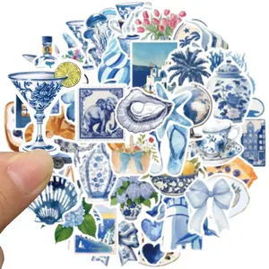50pcs Aesthetic Stickers Pack, Y2K Aesthetic Stickers for Water Bottle, Trendy Blue Sticker for Adults Teens Girls, Vinyl Waterproof Decals for Laptop Guitar Scrapbook Skateboard(Blue)