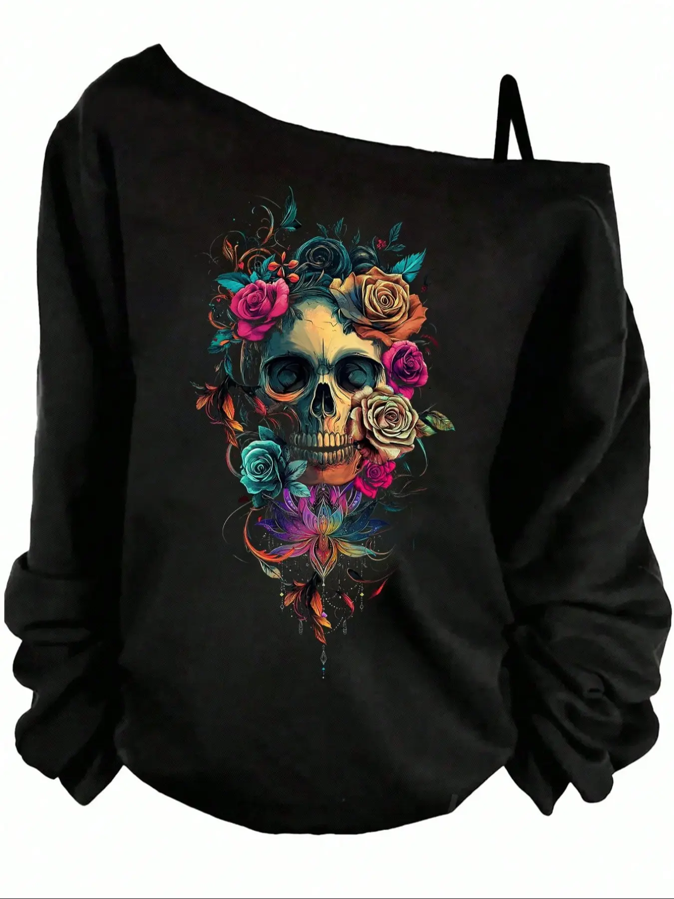 Halloween Women's Casual Chic Loose-Fit Long Sleeve Knit T-Shirt, Colorful Floral Rose Skull Print, Comfortable All-Season Home Wear Knitwear