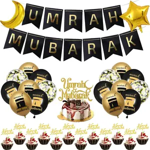 33-Piece Umrah & Eid Celebration Decoration Set with Black Gold Balloons, Banners & Cake Toppers