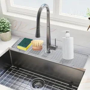 20 inch Kitchen Sink Splash Guard, 10° Large Slope & Adaptable Hole Faucet Mat for Kitchen Sink, Silicone Sink Organizer Sponge Holder for Kitchen, Bathroom, RV, Bar, 20" x 5.5", Gray