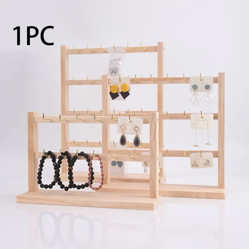 1pc Solid Wood Jewelry Display Stand, Compact Wooden Keychain Holder, Earring Rack, Pendant Organizer, Home Decor Storage Shelf, Store Merchandise Display