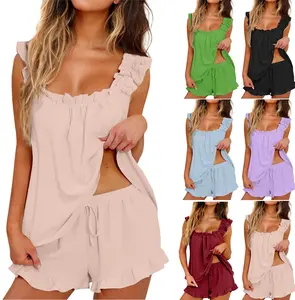 Women's 2-Piece Pajama Set - Cute Ruffle Hem Tank Top with Matching Shorts, Soft Summer Sleepwear for PJ Party Mother's Day gift