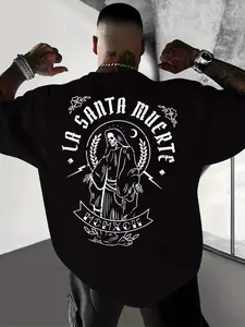 Men's oversized round neck menswear T-shirt with "La Santa Muerte" and MCMXCII pattern screen printed, loose fit, ideal for streetwear, Gothic party, Cultural and casual wear, durable print for Mexican dark culture enthusiasts