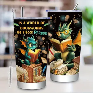 20oz Dragon & Books Stainless Steel Tumbler with Lid and Straw - Hot & Cold Beverage Cup, Ideal Gift for Book Lovers, Librarians, and Outdoor Enthusiasts, Perfect Valentine's Day Present, Outdoor Drinkware|Fantasy Themed Cup|Durable with Lid