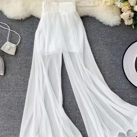 New Women's Summer Wide Leg Pants, Ruffle Fish Tail Bell Bottoms, Stretchy Bell Bottoms, Casual Long Pants, Casual Street Trousers, Streetwear Pants, Fashionable and Comfortable, Elastic, Casual Stretch Waist, Perfect for Daily Wear