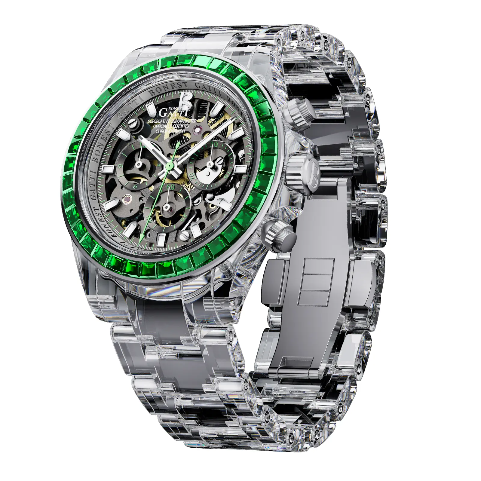 BONEST GATTI men's transparent watch featuring a green crystal motif, an openwork design, fully automatic mechanical movement, and diamond accents.