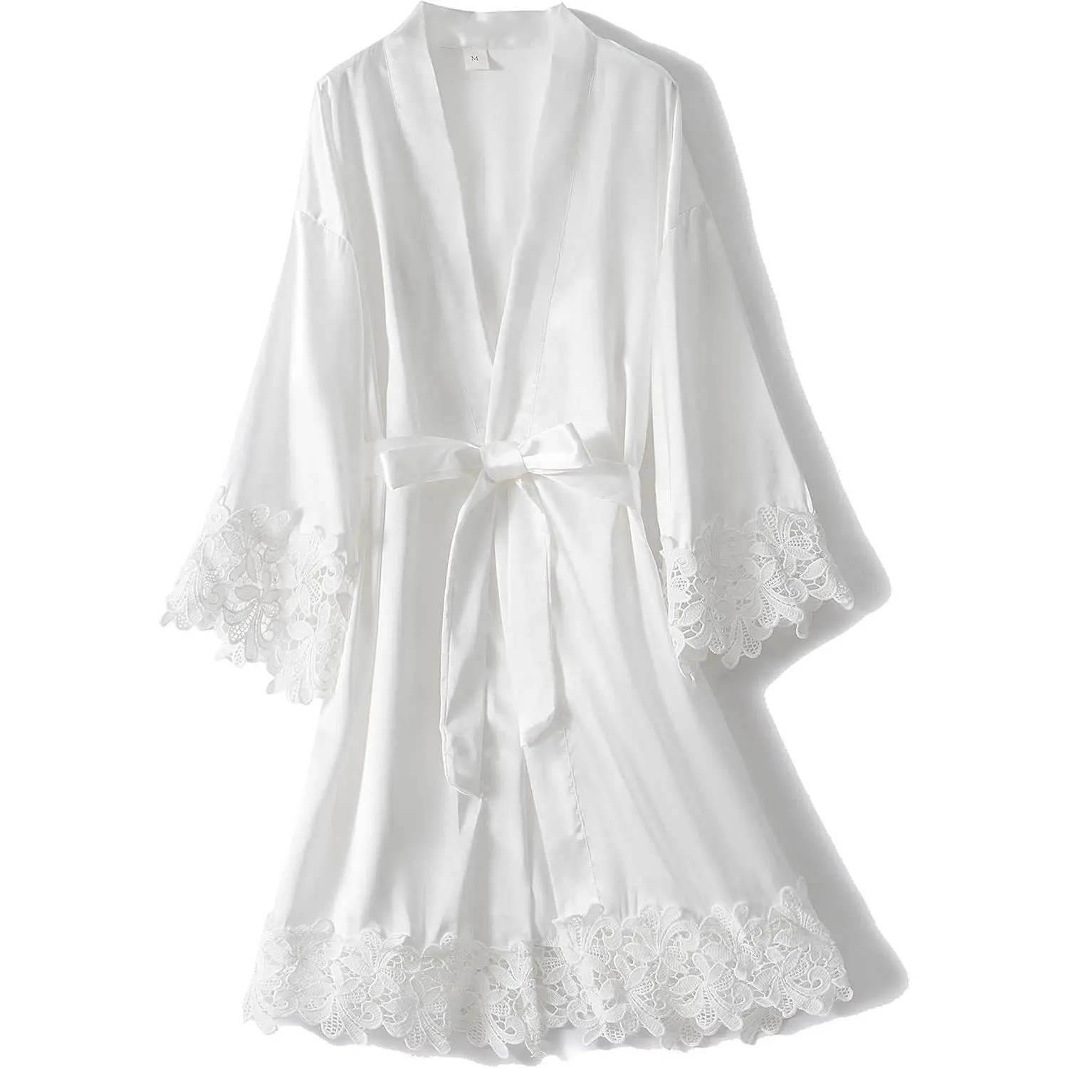 Women's Luxurious Smooth Satin Kimono-Style Robe with Lace Trim - Short Embroidered Women's Clothes for Bride, Bride Gift, Prom Wedding Party Loungewear