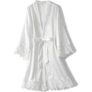 Women's Lace Trim Bride Kimono Robes with Embroidery Bridal Silky Satin Bathrobe Wedding Party Sleepwear Womenswear Minimalist White Gowns Loungewear Bridesmaid