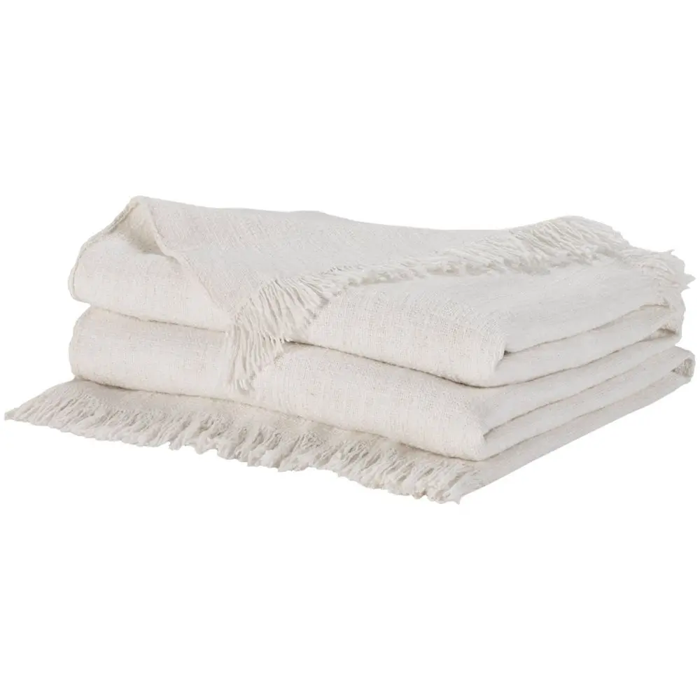 Mina Victory 50x60 in Stone Washed Cotton Indoor Throw Blanket, Ivory Farmcore Rustic Solid Lightweight Woven Fringe Detail