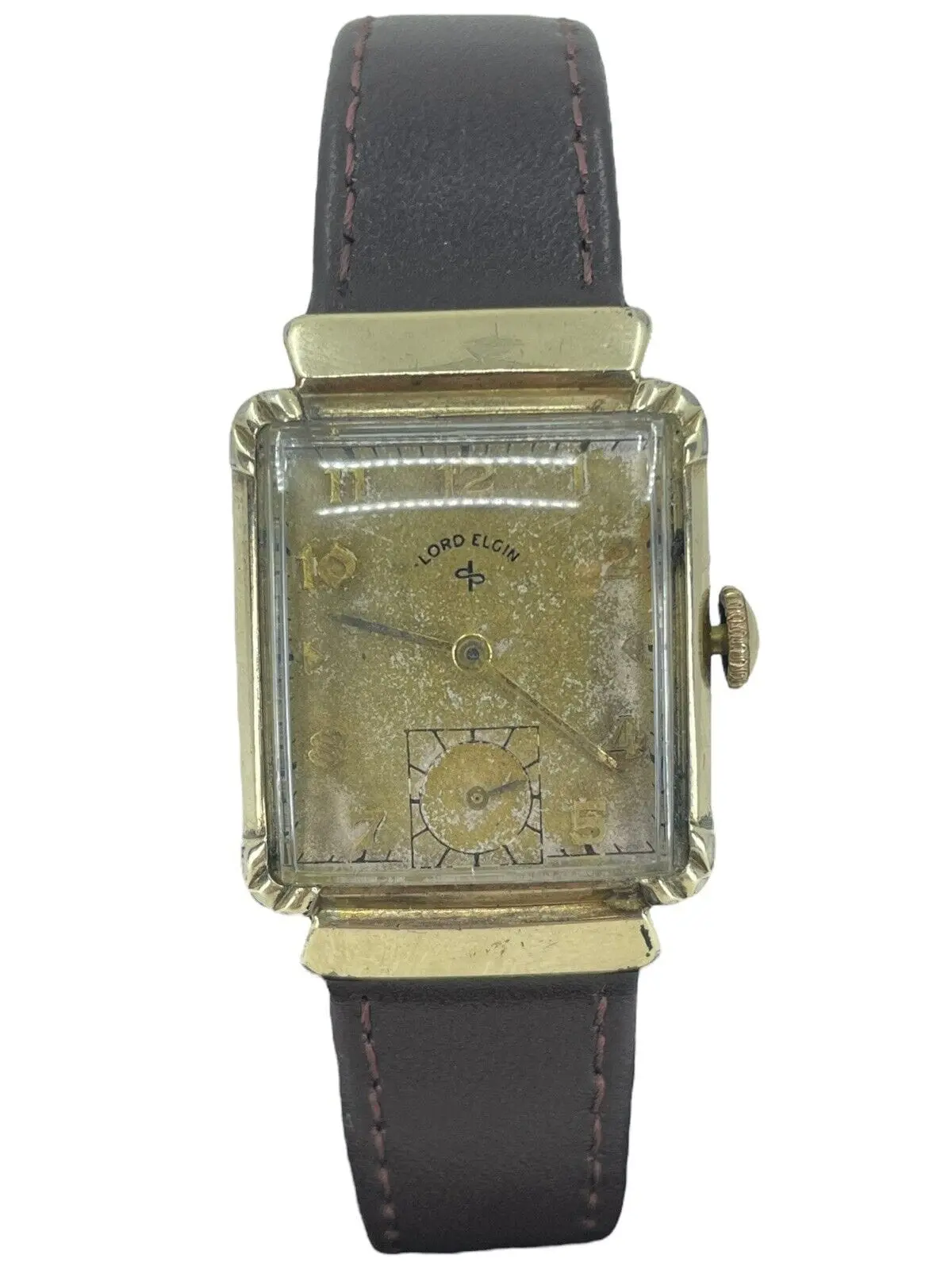 Vintage Lord Elgin 14k GF Tank Watch - Cream Dial & Brown Leather Band