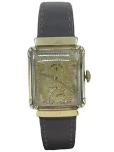 Vintage Lord Elgin 14k GF Tank Watch - Cream Dial & Brown Leather Band