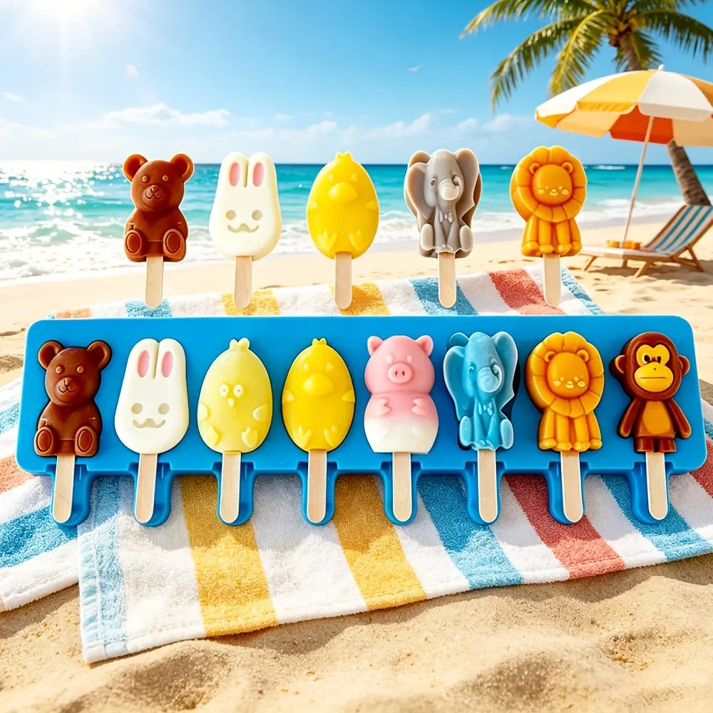 8-Cavity Flexible Silicone Animal-Shaped Homemade Popsicle Molds - Easy Release Kitchen Utensils, Playful Theme Freezer Tray, Multiple Cavities Mini Dessert Molds for Lolly & Ice Cream
