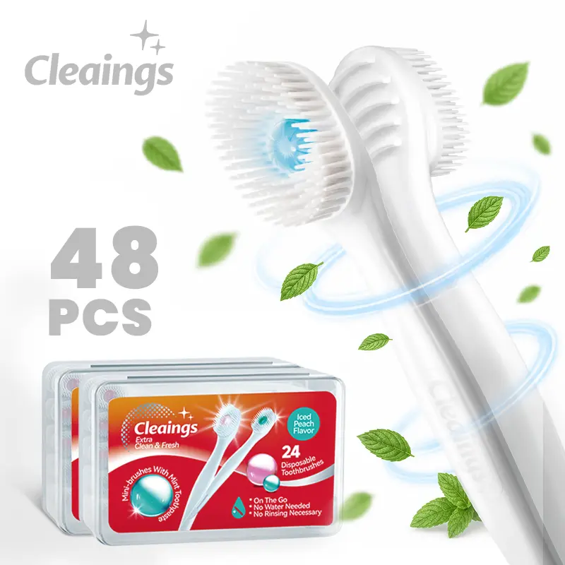 Cleaings Manual Travel Toothbrushes for Adults, 2-Boxes (48-Count) 4-in-1 Mint Burst-Bead Waterless Rinse-Free Polypropylene Disposable Mini Toothbrushes with Tongue Scraper, Soft Toothpaste, Individual Pack for Fresh Breath Oral Care