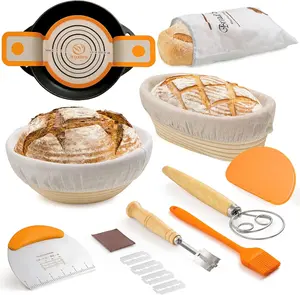 Banneton Bread Proofing Basket Set, 10 Inch Oval & 9 Inch Round Sourdough bread baking supplies with Linen Liner, Silicone Bread Sling, Danish Dough Whisk, Bread Lame, Bowl Scraper,Dough Scraper Kit