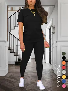 Women's Solid Color Round Neck Tee & Leggings Set, Summer Clothes, Short Sleeve T-shirt & Skinny Pants, Summer Clothes for Daily Wear