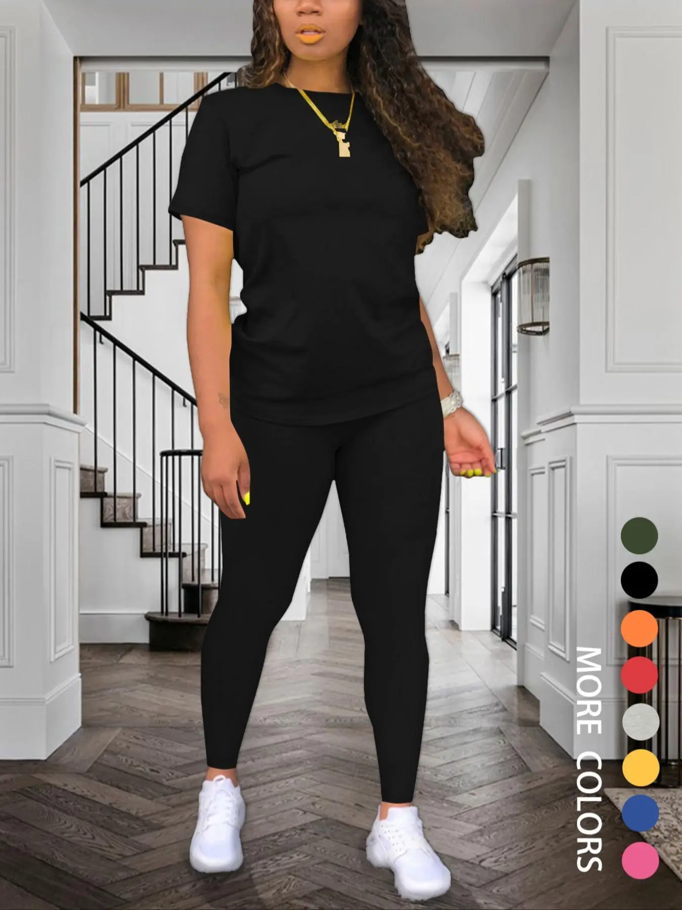 Women's Solid Color Round Neck Tee & Leggings Set, Summer Clothes, Short Sleeve T-shirt & Skinny Pants, Summer Clothes for Daily Wear