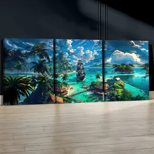 3 Piece Set Wooden Framed Canvas Poster, Pirate Ship, Retro Style, Ocean Inspired Design, Nautical Exploration Art, Ship's Wheel, Tropical Island, Compass, Ancient Map, Home Decor, Art Print, Wall Art for Living Room, Bedroom, Gift For Friends