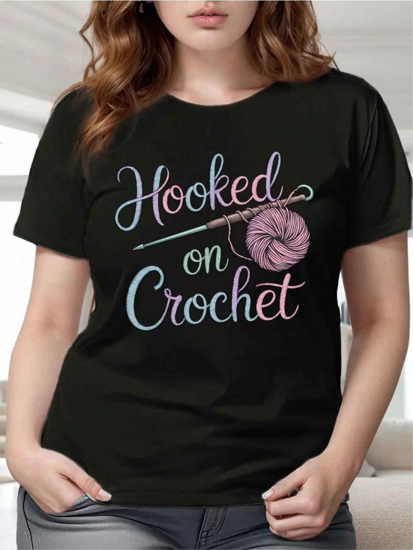 Plus-Size Womens T-Shirt With Crochet Enthusiast Crochet And Yarn Ball Pattern - Soft Comfortable Casual Style Suitable