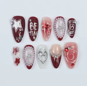 Freestyle Red Chrome Press On Nails, Air Brush Pink Fake Nails, Elegant Chrome Nails, Birthday Party Holiday Nails/ Valentine Nail Set