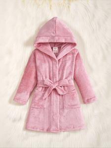 kids fashionable hooded fleece robe with pockets, comfortable long sleeve bathrobe with belt, soft and stylish for boys and girls aged 4-13