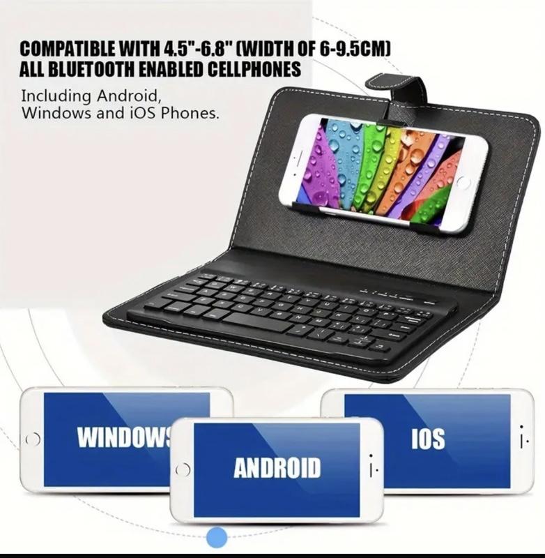 Compact Wireless Bluetooth Keyboard & Flip Case Cover with Stand for iOS Android Phones Black Faux Leather