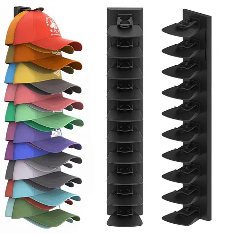 2-Pack Adhesive Wall Hook Hat Organizer Rack - No-Drill Mount, 40-Capacity Removable Split Shelves, Curved Protection, Corrosion-Resistant Strong Adhesive Tape, Space-Saving for Bedroom, Desk, Easy Access, 2026 Multi-Warehouse Shipping