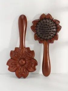 Sandalwood Carved Floral Comb - Airbag Massage Comb, Compact Soft Cushion, Ladies Handbag Hair Comb for Haircare