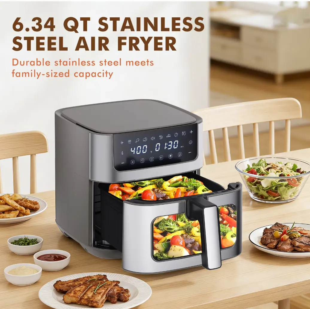 6 Quart Air Fryer, 9-in-1 Functions, Ceramic Coating, 90°–450°F, Gray