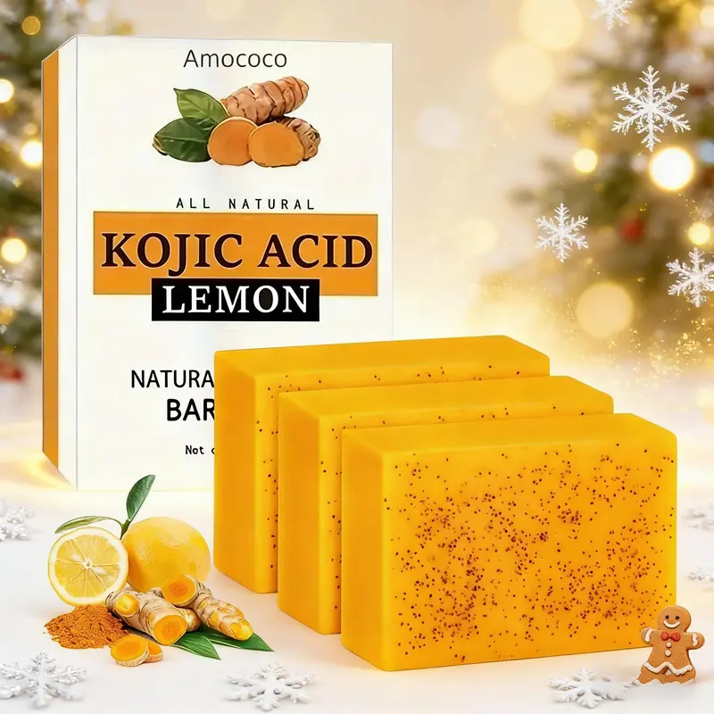 Amococo Lemon Turmeric & Kojic Acid Solid Cleanser Multi-Pack - All-Daily Bath Soap Bars for Face & Body, Brightening, Exfoliating, Moisturizing Benefits, Soap Saver Bag, 4-Season Acne Care for Adults, Contains Neither Harmful Ingredients
