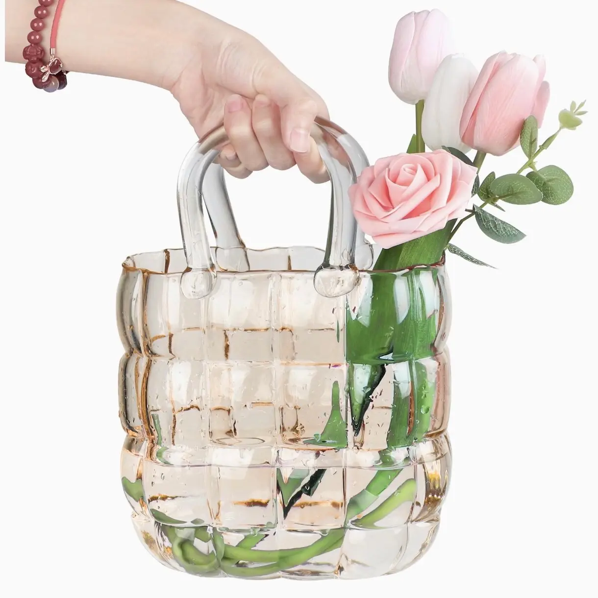 Unique Purse Vase for Flowers, 11'' Handmade Thicken Bubbled Glass Bag Vases with Gradient Color for Home Decors .Great Clear Purse Flower Vase for Centerpiece, Floral Arrangement, Wedding Decors.