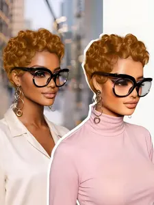 Pixie Human Hair Pixie Cut Wig, Short Curly Wavy Wig with Bangs, Natural, Rose Net Cap, Elegant Style for Women, Glueless Wig