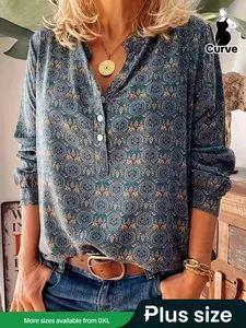 【Plus Size】 Ethnic Pattern Notched Neck Blouse, Shirts, Boho Casual Long Sleeve Fitted Button Front Top for Spring & Fall, Women's Clothes for Daily Wear, Fall Clothes 2024, Womenswear