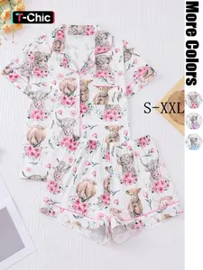 Women's All-Over Cow-Print Contrast-Trim Shirt & Elastic-Waist Shorts Pajama Loungewear Set, Casual Comfy Short Sleeve Collared Top & Shorts PJ Two-Piece Set