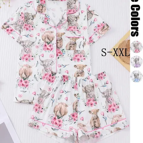 Women's All-Over Cow-Print Contrast-Trim Shirt & Elastic-Waist Shorts Pajama Loungewear Set, Casual Comfy Short Sleeve Collared Top & Shorts PJ Two-Piece Set, Lightweight Sleepwear