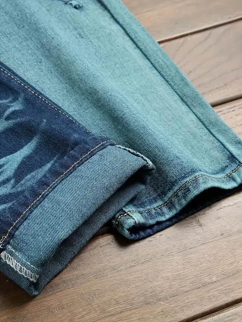 Men's Color Block Ripped Denim Jeans - Breathable, Slim-fit, Mid Waist Casual Cotton